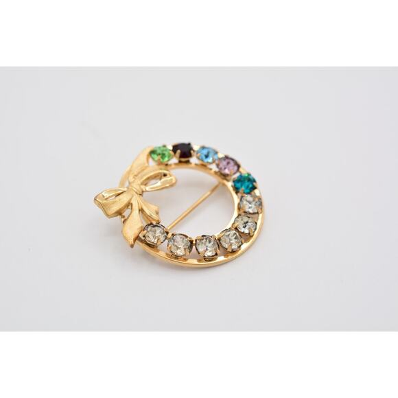 Vintage Crystal Wreath Pin Brooch Bow Rhinestone Crystal Prong Gold Signed BinAT - Picture 9 of 12
